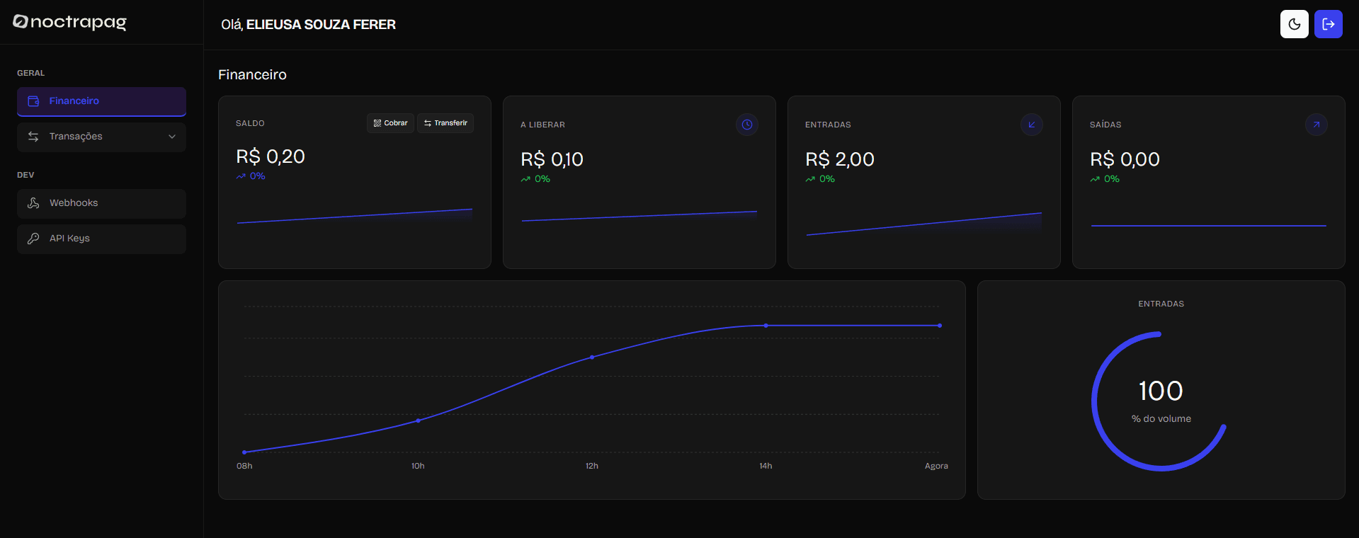 Painel da Noctrapag com saldo, entradas, saídas e gráficos